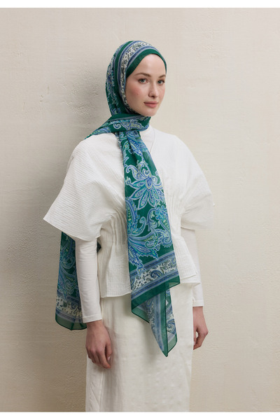 Freshscarfs Koyu Yeşil Luna Desen İpek Krep Şal