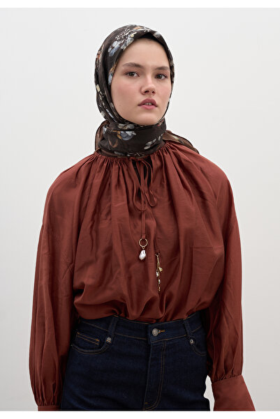 Freshscarfs Κασκόλ από βαμβάκι και βισκόζη σε χρώμα σοκολάτας-καφέ με σχέδιο ...