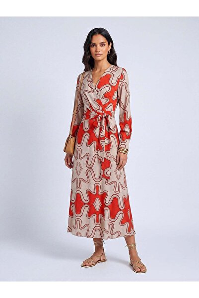 FARREN Women's Red Patterned Midi Dress – Double Breasted Collar, Belted and ...