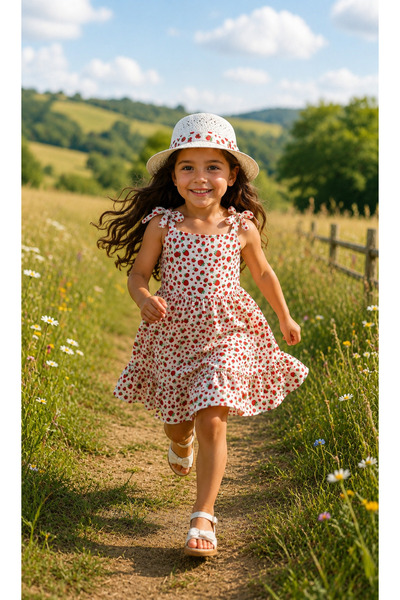 Denito Kids %100 Pamuk Kız Çocuk Omuz Askılı Elbise Çilek Desenli 2Y,3Y,4Y,5Y...