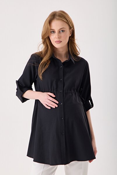KATLİN MATERNİTY WEAR Hamile Siyah Gömlek, Poplin Pamuklu Kumaş, Yanlardan Ba...