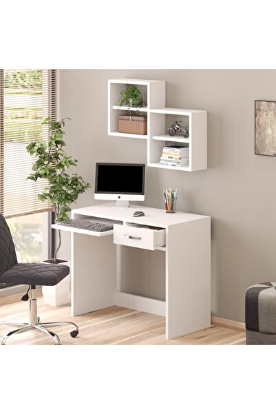Bicabin Pratik Life Nova Çekmeceli Duvar Raflı Çalışma Masası -Beyaz