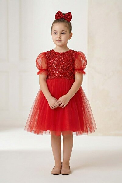 Mnk Baby&Kids Balon Kol Pul Payet Kız Çocuk Tütü Elbise M00751 KIRMIZI