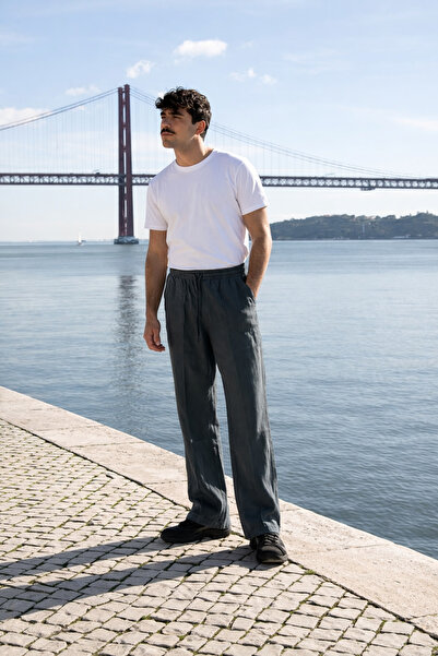 DAMGA JEANS بنطلون رجالي من الكتان بخصر مطاطي من نوع K.Khaki