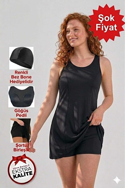 SUERTO Black Women's Lycra Shorts One-Piece Combined Dress Swimsuit