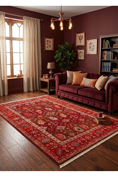 Kalesta Halı Caretta 24 Red Yumuşak Doku Vintage Eskitme Desenli Sıcak Renk T...