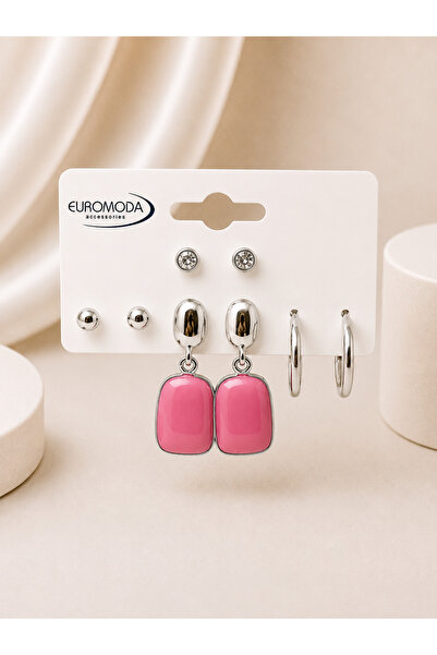 EUROMODA Pembe Mineli 4'lü Küpe Seti