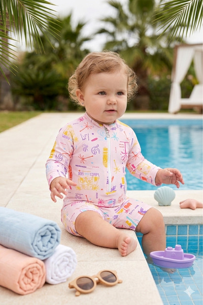 Bebella&Baby Kız Bebek Pembe Desenli Uzun Kollu Fermuarlı Tulum Mayo