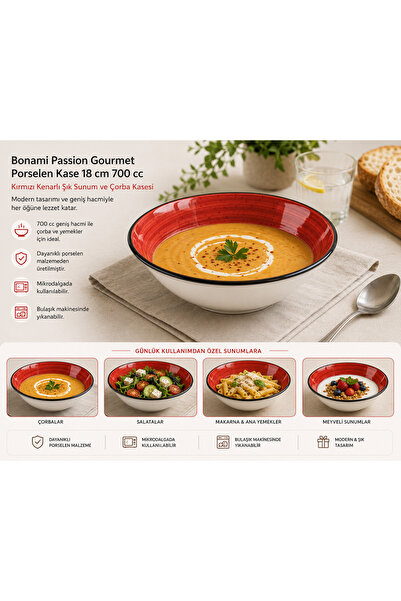 Bonnami Bonami Passion Gourmet Porselen Kase 18 cm 700 cc - Kırmızı Kenarlı Ş...