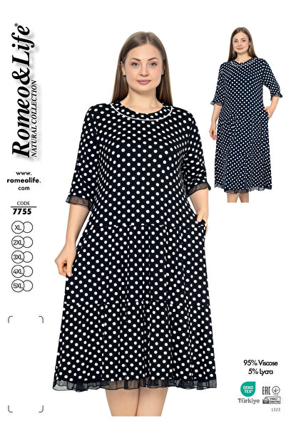ROMEO LİFE Rochie de damă mărime mare cu dantelă cu buline / Ecru-Negru 7755