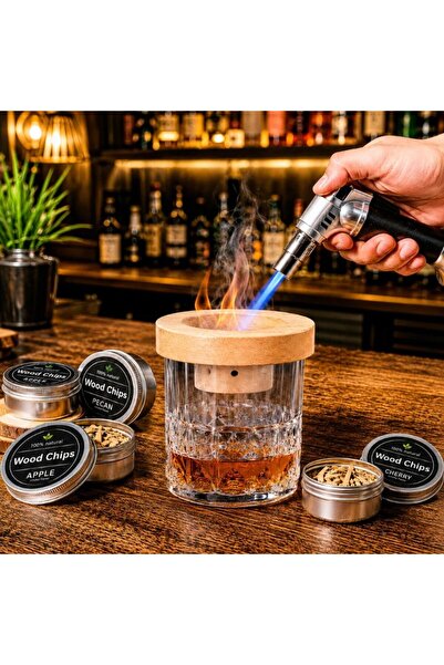 OEM Set Deluxe Drinks Smoker cu Arzator, 4 Arome, Capac din Lemn si Accesorii