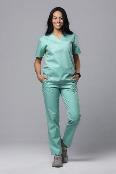 tag Costum medical ClassIQ pentru femei, bluză și pantaloni, culoarea fisticului
