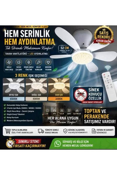 MetaWorld Tavan Vantilatörü Ampul Uyumlu Uzaktan Kumandalı sinek kovar 52 cm