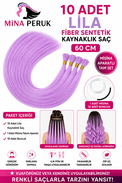 Mina Peruk LİLA Mat Görünümlü Fiber Sentetik Boncuk Kaynak Saç 60 cm Lila - 1...