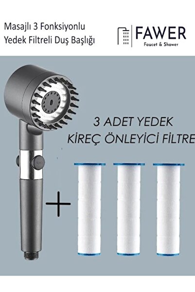 FAWER Faucet & Shower Masajlı 3 Fonksiyonlu Filtreli Antrasit El Duşu ve Yede...