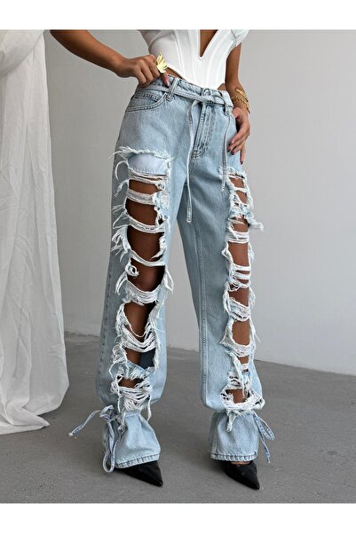 HerTon Pantaloni de damă din denim cu tiv legat la picior și detalii rupte in...