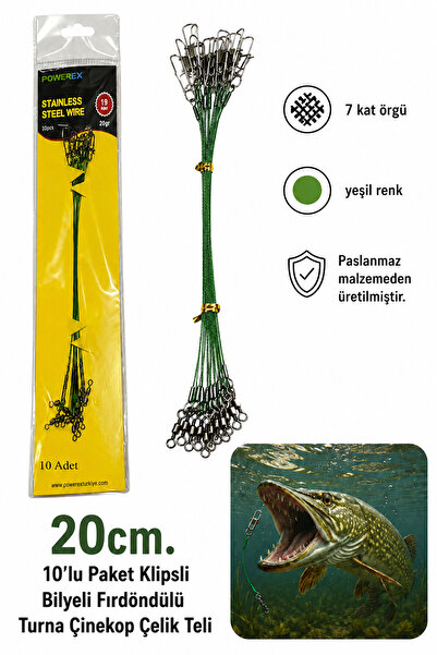 POWEREX 20cm. 10'lu Paket Klipsli Bilyeli Fırdöndülü Turna Çinekop Çelik Teli