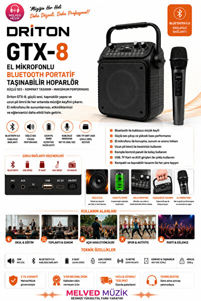 DRİTON GTX-8 EL MİKROFONLU BLUETOOTH PORTATİF TAŞINABİLİR HOPARLÖR