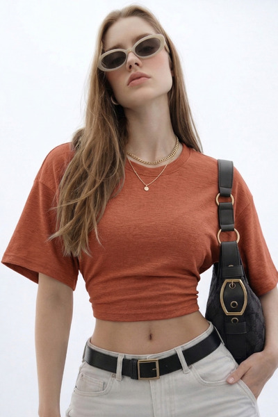 COMBİNE MİCHAİL Kadın Basic Bel Detaylı Pudra Crop Bluz
