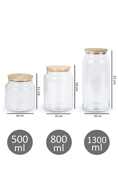 Dolkin Home Set of 3 Wooden Vacuum Lids Tea Sugar Coffee 3 Sizes Glass Jars with Labels 1300Ml-800Ml-500Ml