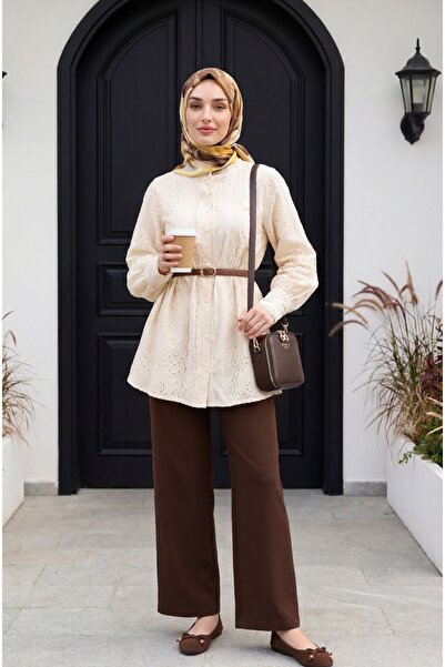 Modamorfo Lined Shirt with Lace Collar and Sleeves and Ball Buttons -Beige
