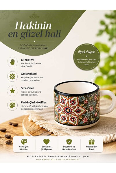 Home Anadolu çini desenli seramik kahve kupası haki(koyu yeşil) renk