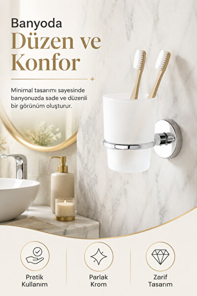 Alper Banyo Yapışkanlı Krom Diş Fırçalık (PLASTİK BARDAK) - Ister Yapıştır Is...