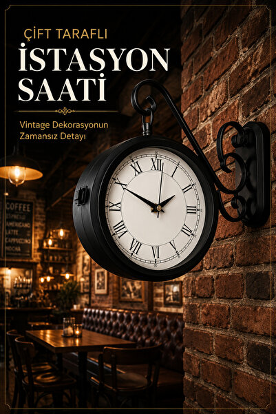 KOLAYEV Siyah Metal Çift Taraflı İstasyon Saati 36 Cm Retro Duvar Saati Dekor...