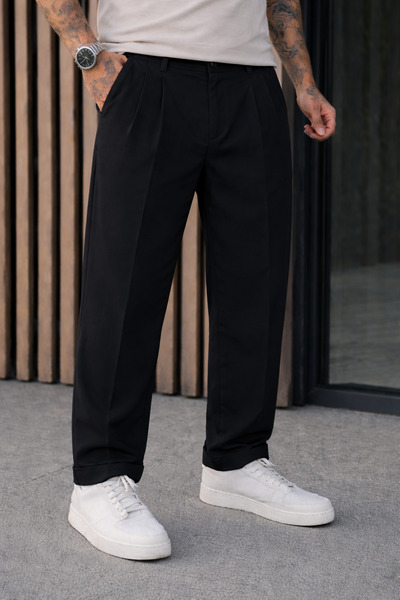 DAMGA JEANS بنطلون رجالي ذو قصة مريحة وخصر مرتفع وقماش أسود مطوي