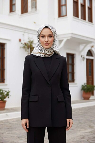 Vissona %57 İPEK %43 VİSKON Twill İpek Zincir Desenli Krem - Siyah Renkli 90x...