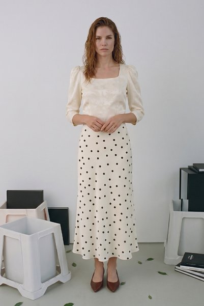 First Chance collection Black Polka Dot A-Line High Waist Satin Skirt - Cream Polka Dot