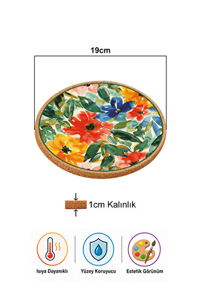 iyi fikirler Watercolor Floral Patterned Cork Trivet Pot Pan Mat 19cm Diameter 1cm Thickness