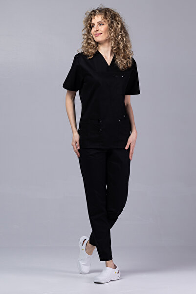 tag Costum medical din bumbac elastic pentru femei, negru
