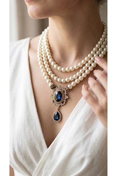 FAYRA ACCESSORIES Kristal Taşlı 3 Sıra İnci Kolye