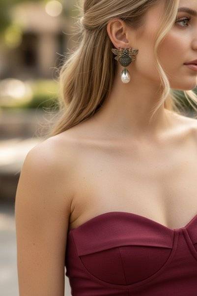 FUYA JEWELLERY Mayorka İnci Taşlı Arı Küpe