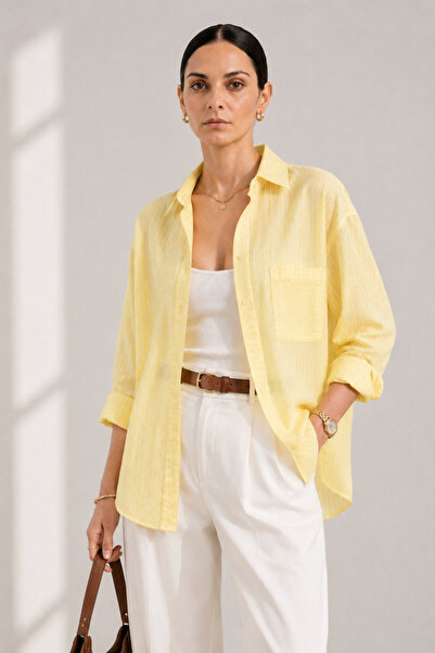 IPERIA Oversize Çizgili Tencel Gömlek Sarı