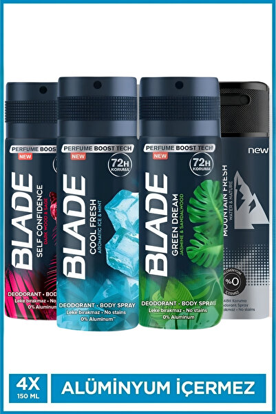 Blade Erkek Deodorant 4x150 Ml (Cool,Mountain,Self Confidence,Green Dream) Hı...
