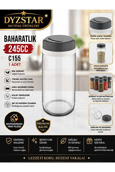 DYZSTAR وعاء توابل زجاجي سعة 245 سم مكعب C155 شفاف مع غطاء أسود، قطعة واحدة