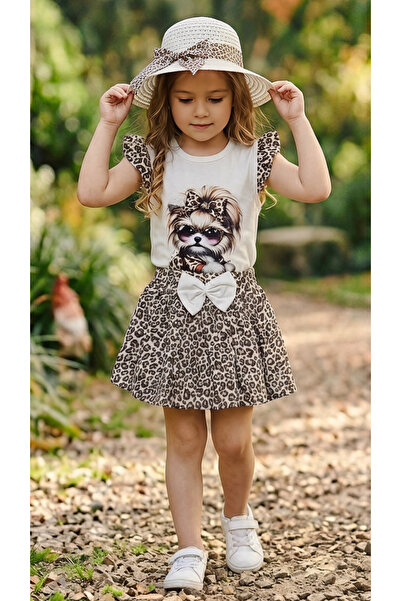Kısmet baby Girls' Leopard Print Bow Flared Skirt Printed T-Shirt and Straw H...