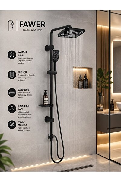 FAWER Faucet & Shower Siyah Yağmurlama Lüx Robot Duş Seti Örgülü Duş Hortumlu...