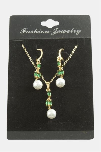 ZERO LAND Glblseme Flower Pearl Zircon Stone (31651) Set Necklace-Green