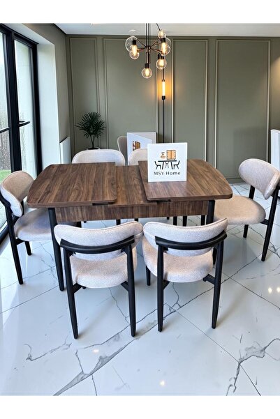 MSY HOME 6 Kişilik Lina Krem Kumaş 80*130 Antik Çam Açılır Masa Sandalye Seti...
