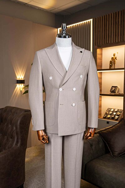 terzi ayhan Exclusive Double-Breasted Suit Dark Beige