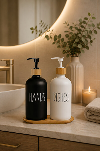 YzHome Set of 2 White Kitchen Liquid Soap Dispensers 500ml+500ml with Bamboo ...