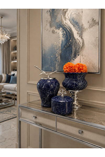 ferayhome SALON SETİ Lacivert Mermer Ayaklı Saksı Lacivert Mermer Şah Laciver...