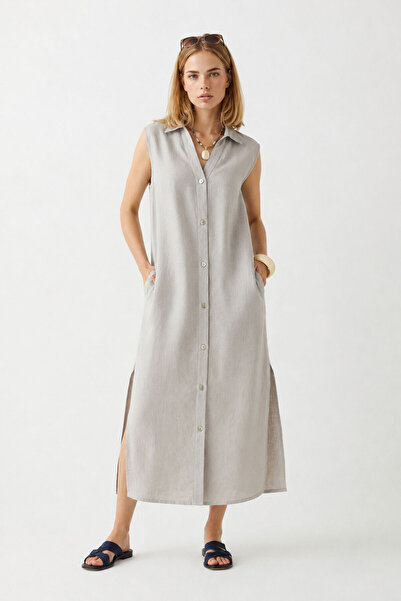 VENA Women's Sleeveless Maxi Length 100% Linen Dress - Stone