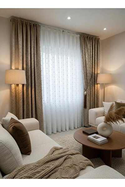 NİVEMESHOME PUFY 1-006 ستارة تول مطوية بنمط كامل بلون إكرو 1/3