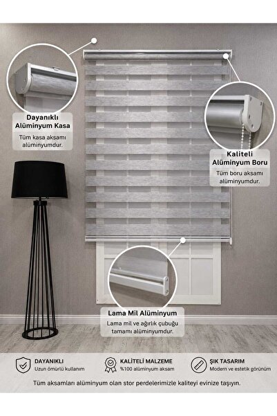 Nursu Perde Gri Bambu Stor Zebra Perde Etek Dilimsiz