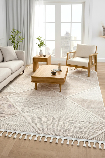Eliz Home Krem Renk Dokuma Halı Oturma Odası Salon Halısı Antre Yolluk Halısı