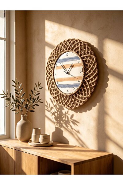 home inn ساعة حائط عصرية ذات مظهر بوهيمي من الخيزران باللون الأزرق والبيج، سا...